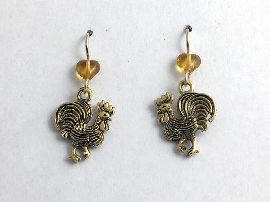 

Goldtone Pewter 14k GF Rooster dangle Earrings-Chicken Bird Year of roosters