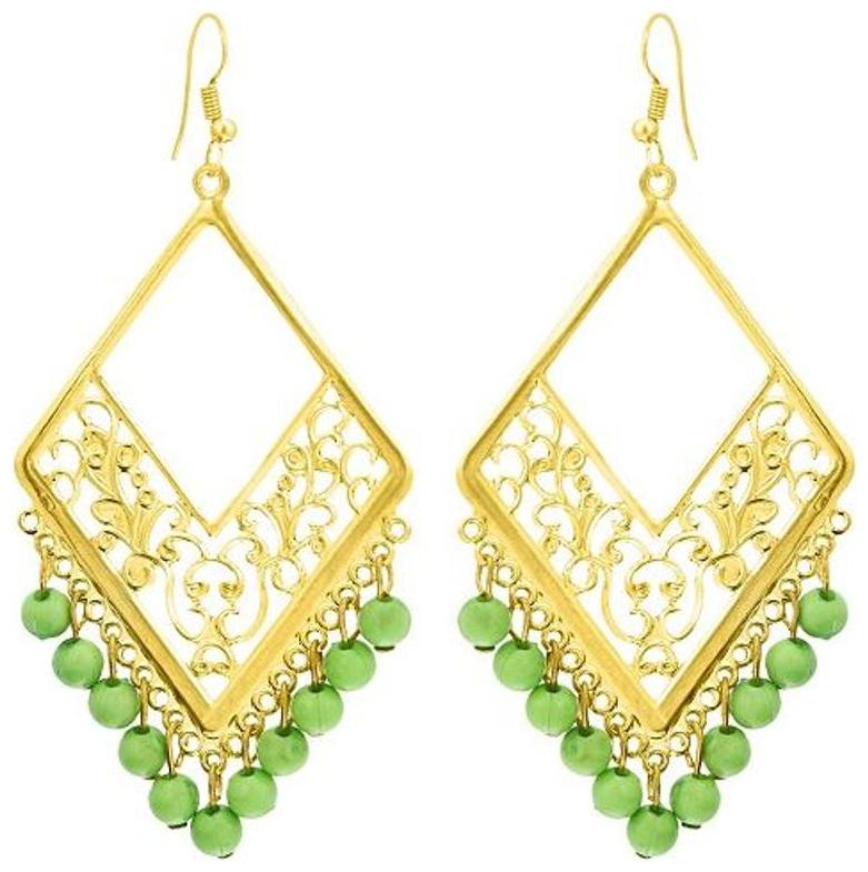 

Green diamond shape filigiri work golden earrings