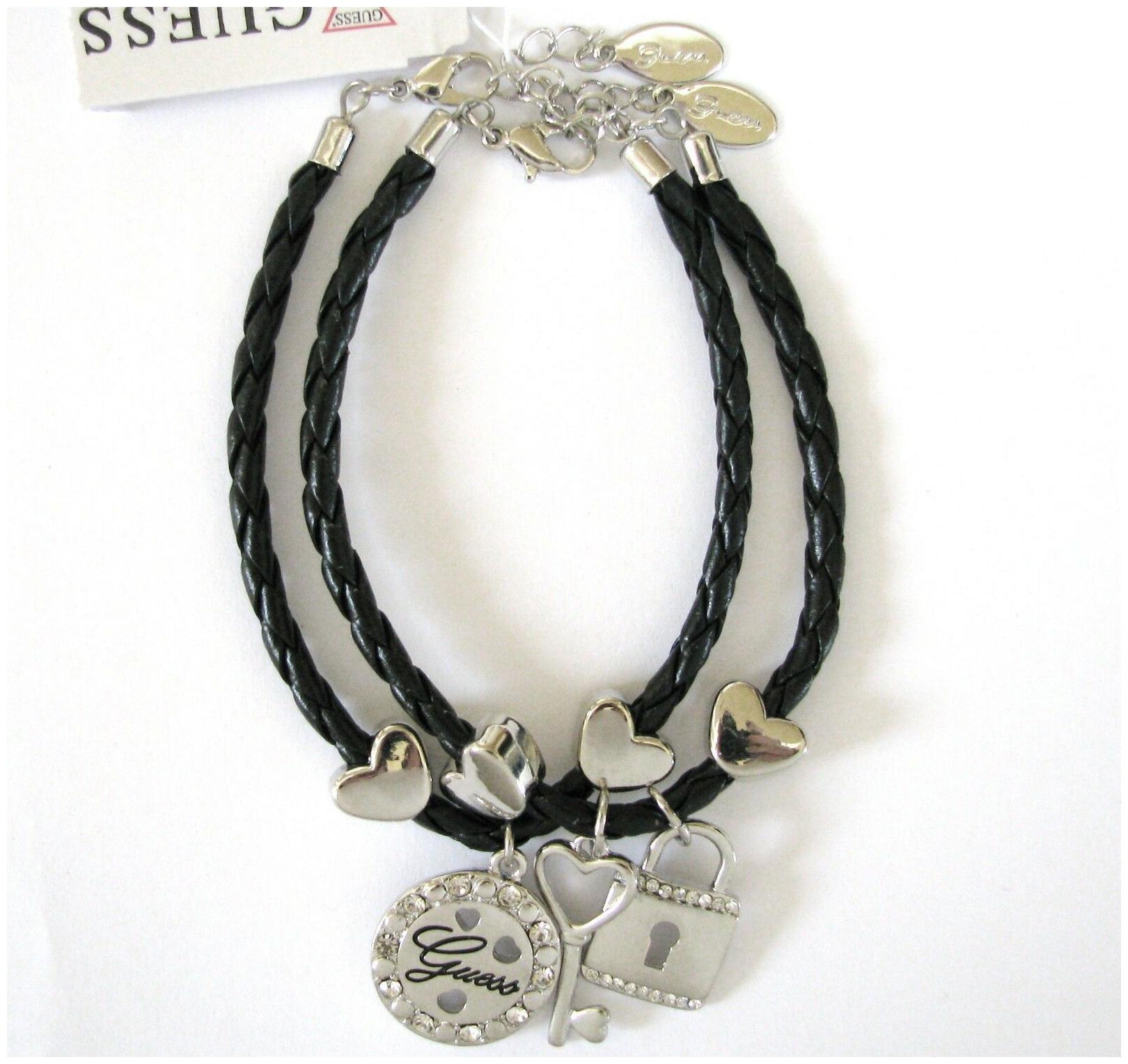 

GUESS BRAIDED SILVER GOLD TONE BLACK BROWN LEATHERETTE KEY HEART CHARM BRACELET