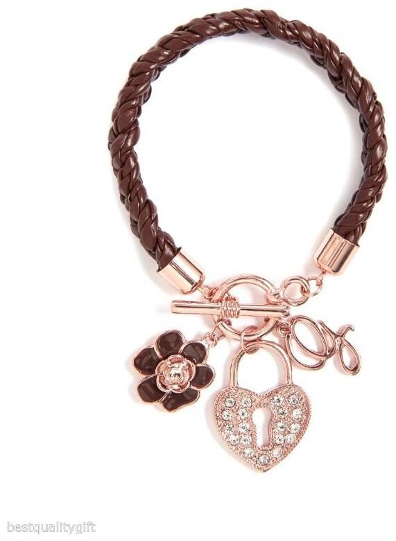 

GUESS BROWN BRAIDED LEATHERETTE MULTI ROSE GOLD TONE CHARMS CRYSTAL BRACELET-NEW
