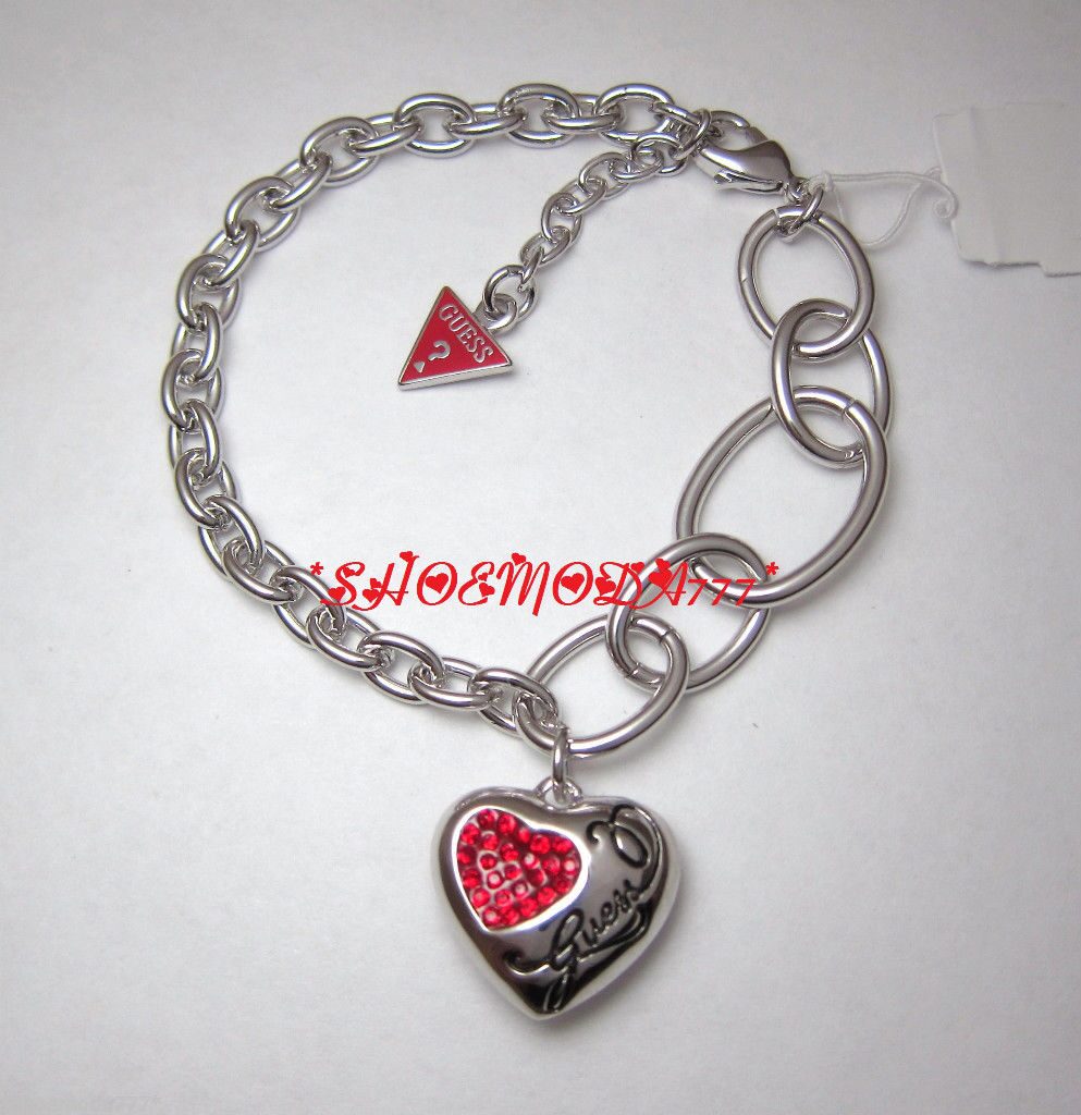 

GUESS Exclusive Heart Red Crystal Bracelet Rhinestones Silver Tone Gift Pouch