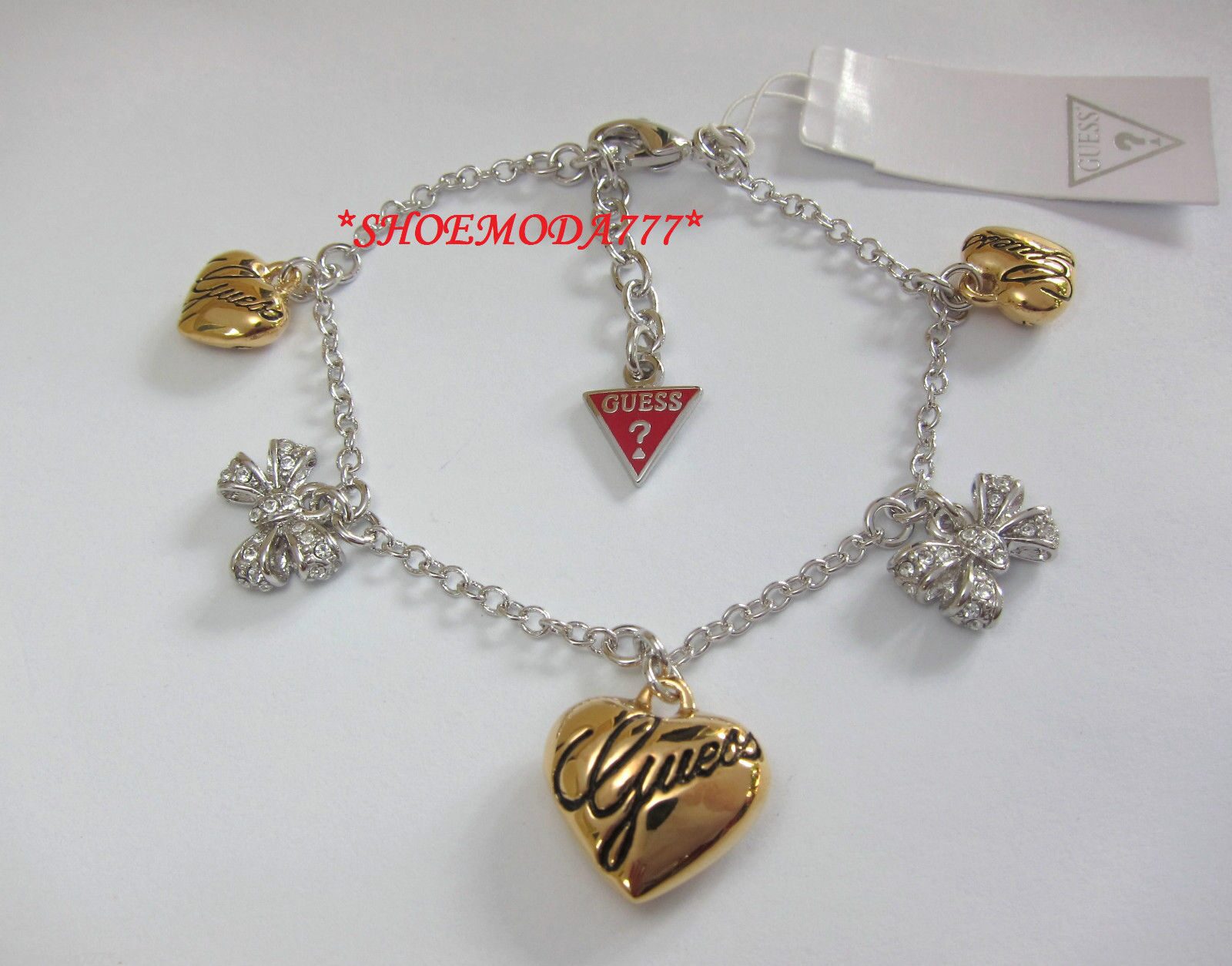 

GUESS Exclusive Bow Heart Charm Bracelet Rhinestones G Logo Gift Bag Silver Gold
