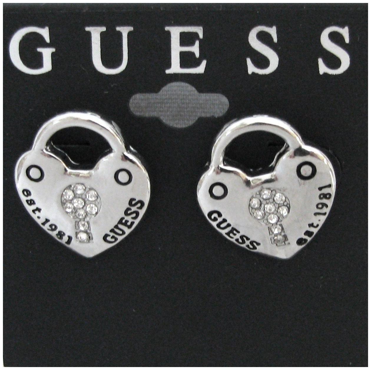 

GUESS GOLD OR SILVER TONE HEART CRYSTALS KEY PAD LOCK PUSH BACK STUD EARRINGS