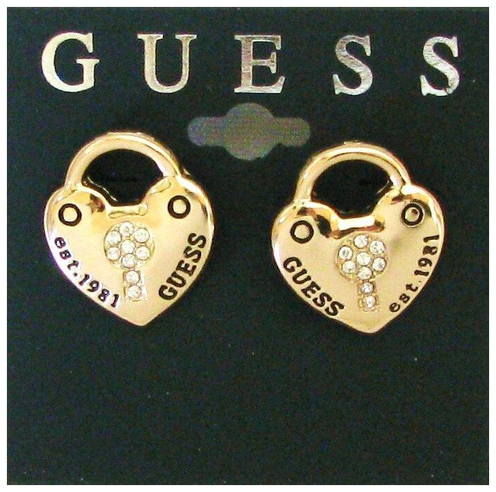 

GUESS GOLD OR SILVER TONE HEART CRYSTALS KEY PAD LOCK PUSH BACK STUD EARRINGS
