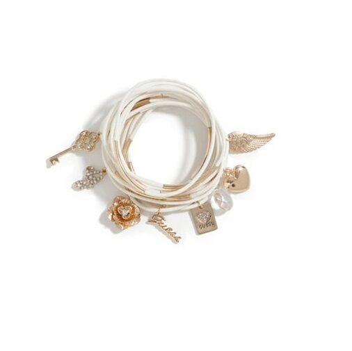 

GUESS GOLD TONE MULTI WOVEN WHITE CORD CRYSTAL HEART KEY MORE CHARM BRACELET