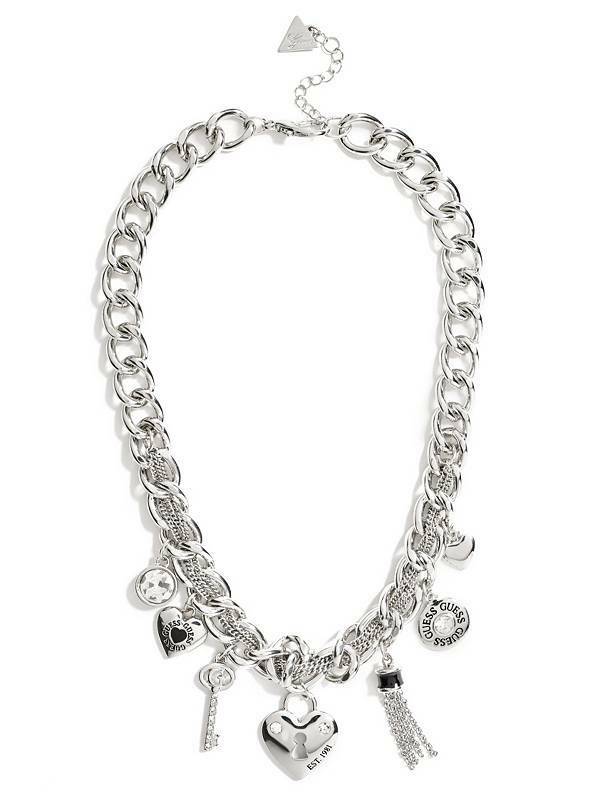 

GUESS SILVER TONE WOVEN CHAIN HEART CRYSTALS LOCK KEY CLUSTER TASSEL NECKLACE