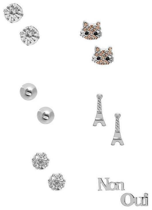 

GUESS SILVER ROSE GOLD TONE SET OF 6 PAIRS CAT SPHERE EIFFEL OUI NOM EARRINGS