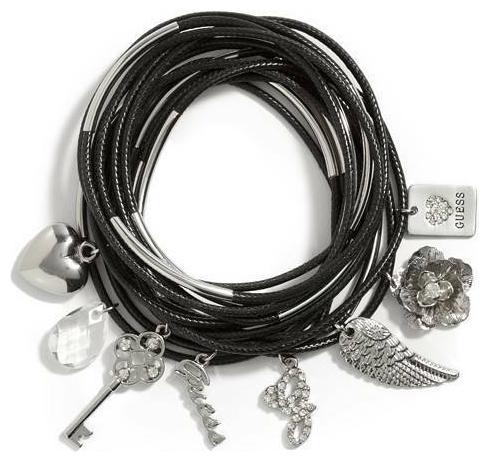 

GUESS SILVER TONE MULTI WOVEN BLACK CORD CRYSTALS HEART KEY MORE CHARM BRACELET