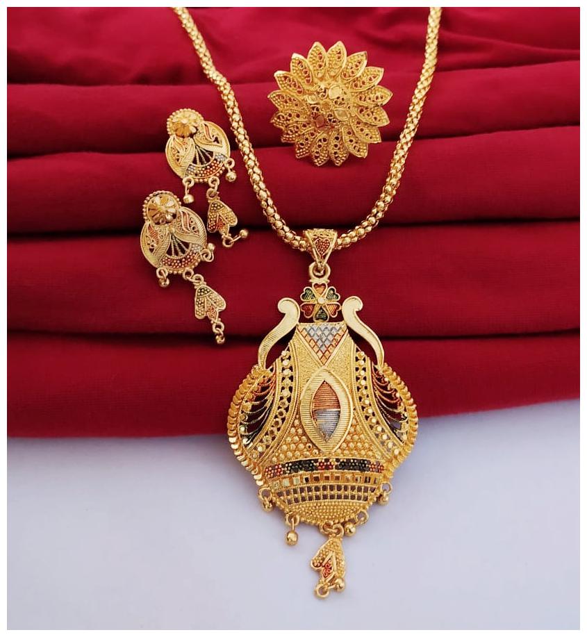 

Halltree Women Gold Plated Pendent Set Adjustable finger Ring Combo Set Multi Colored