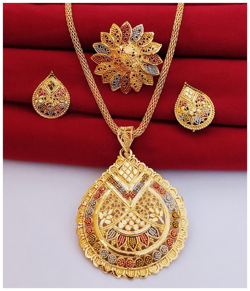 

Halltree Women Gold Plated Pendent Set Adjustable finger Ring Combo Set Multi Colored