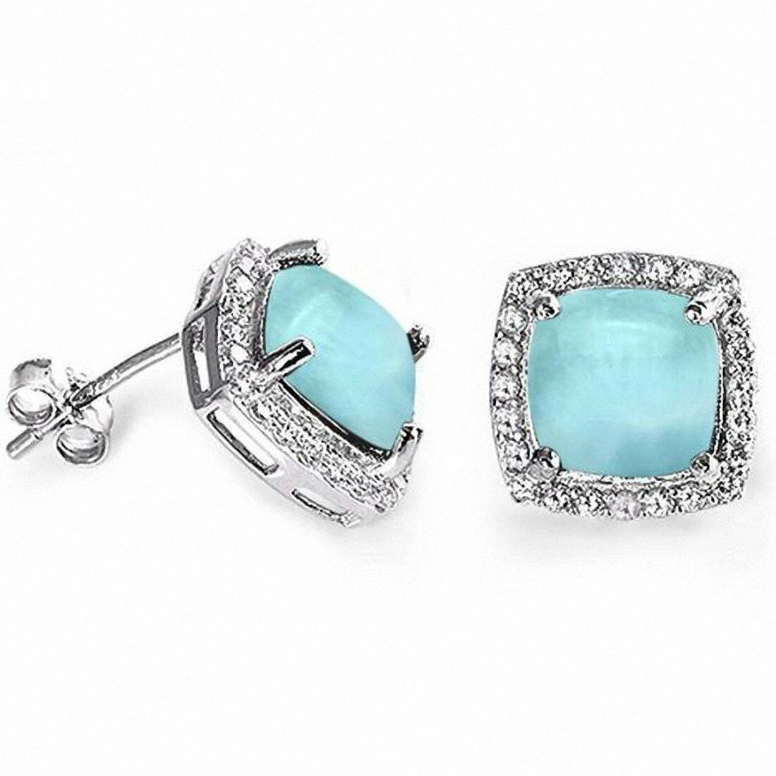 

Halo Cushion Larimar Stud Earrings Round CZ 925 Sterling Silver Choose Color