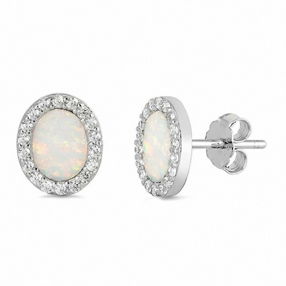

Halo Stud Earrings Bezel Created Opal Round CZ 925 Sterling Silver Choose Color