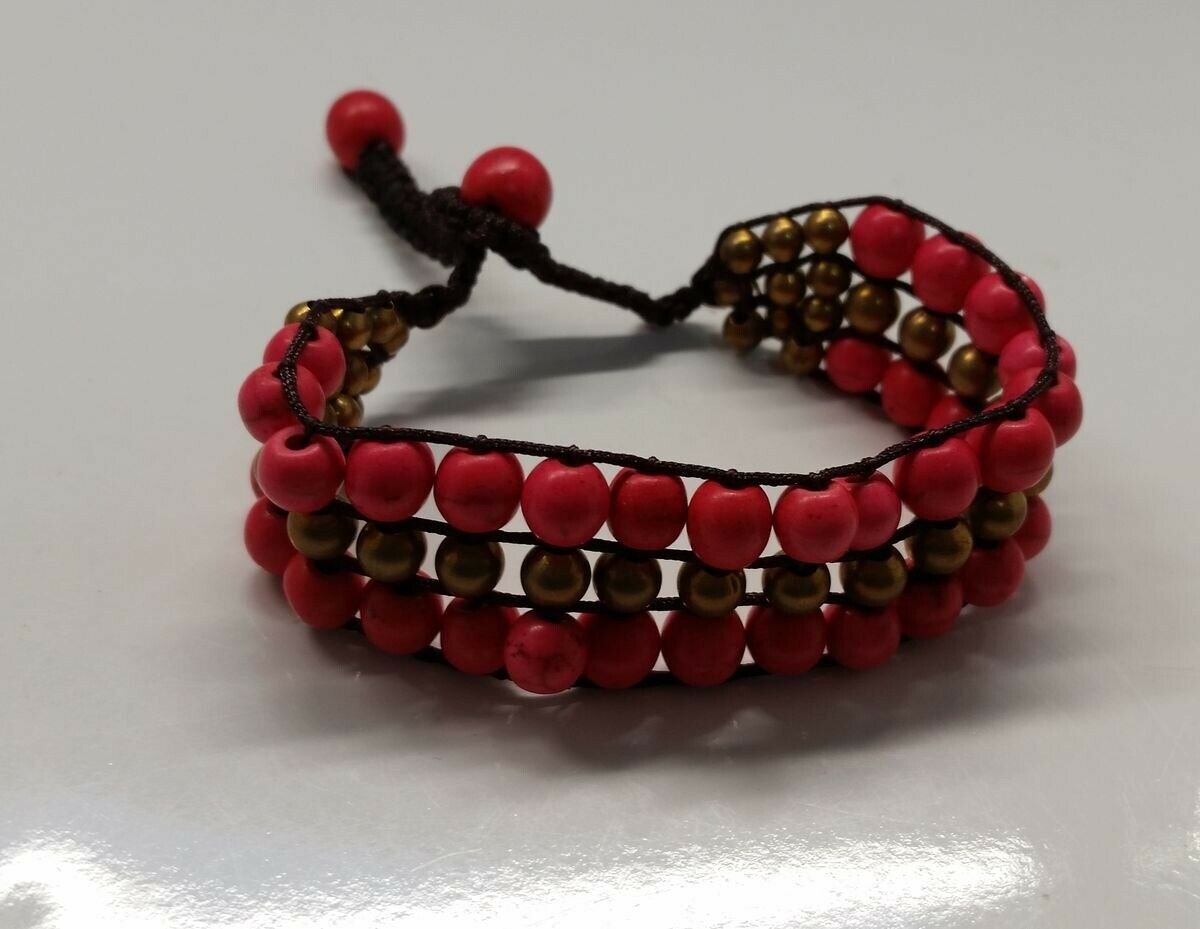 

Handcrafted CORAL Gold stone beads beaded braided Bracelet N15-11 22