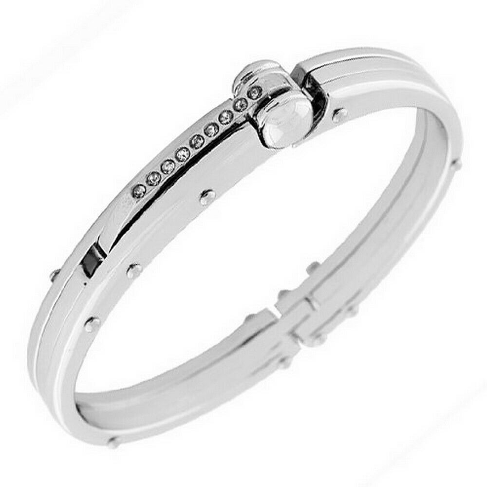 

Handcuff Stainless Steel White CZ Crystals Silver Tone Mens Bracelet