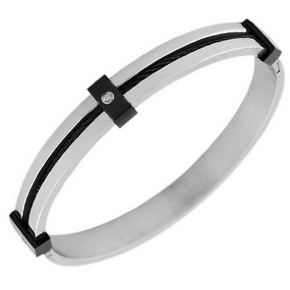 

Handcuff Stainless Steel Two Tone White Crystals Womens Bangle Bracelet