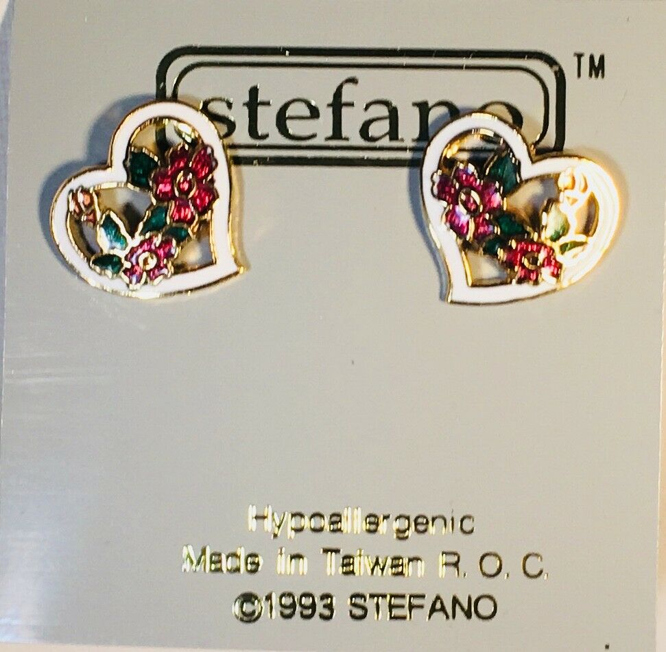 

HEART Post Earrings Stefano Vintage new Cloisonne Gold Plate Factory Prices