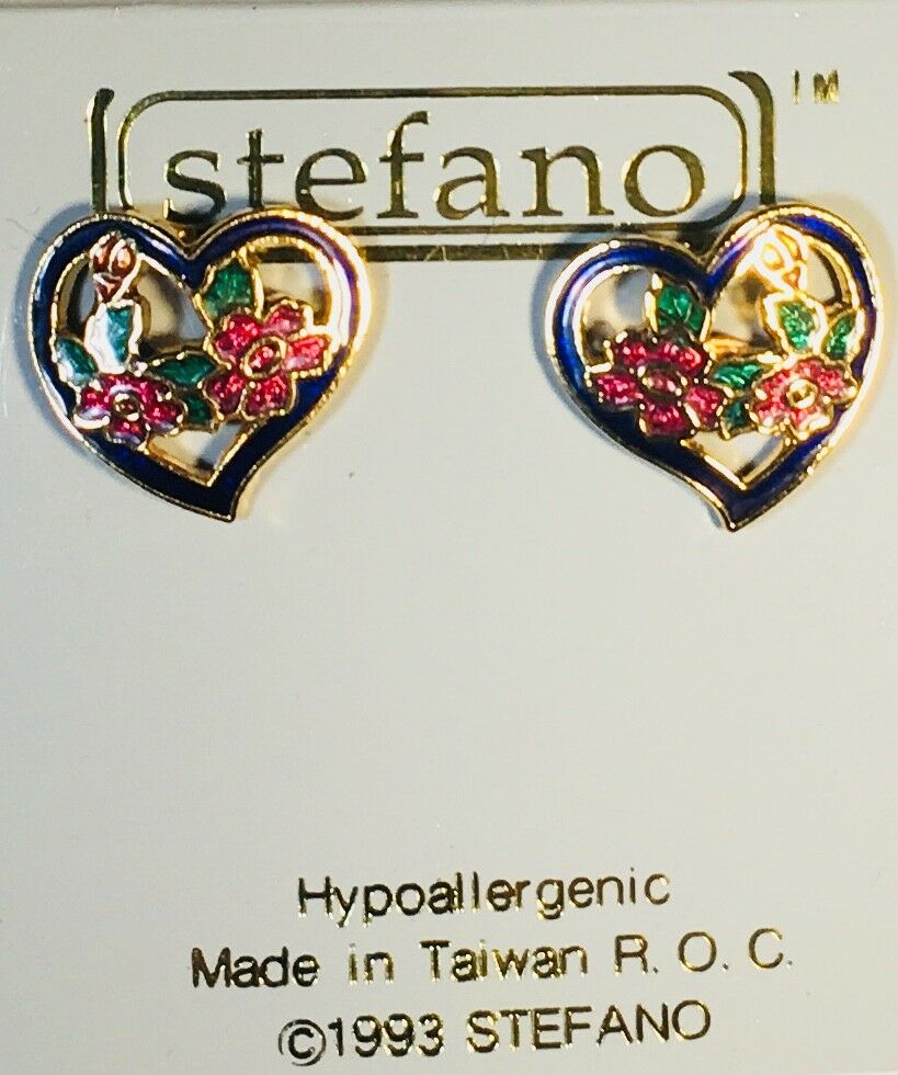 

HEART Post Earrings Stefano Vintage new Cloisonne Gold Plate Factory Prices