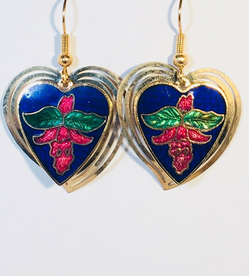

HEART WITH FLOWER EARRINGS 3D Dangle Aqua Blue White Black Gold Plate RARE