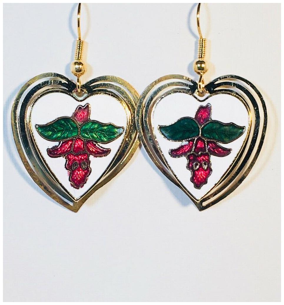 

HEART WITH FLOWER EARRINGS 3D Dangle Aqua Blue White Black Gold Plate RARE