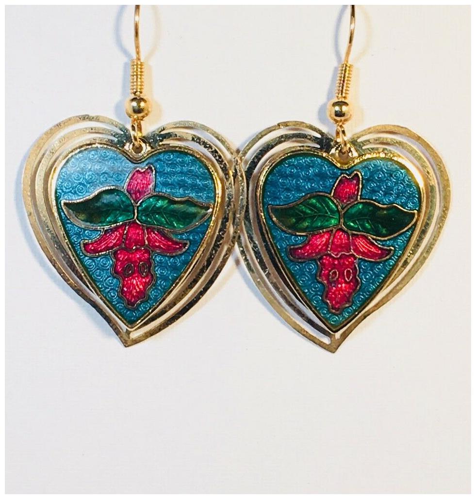 

HEART WITH FLOWER EARRINGS 3D Dangle Aqua Blue White Black Gold Plate RARE