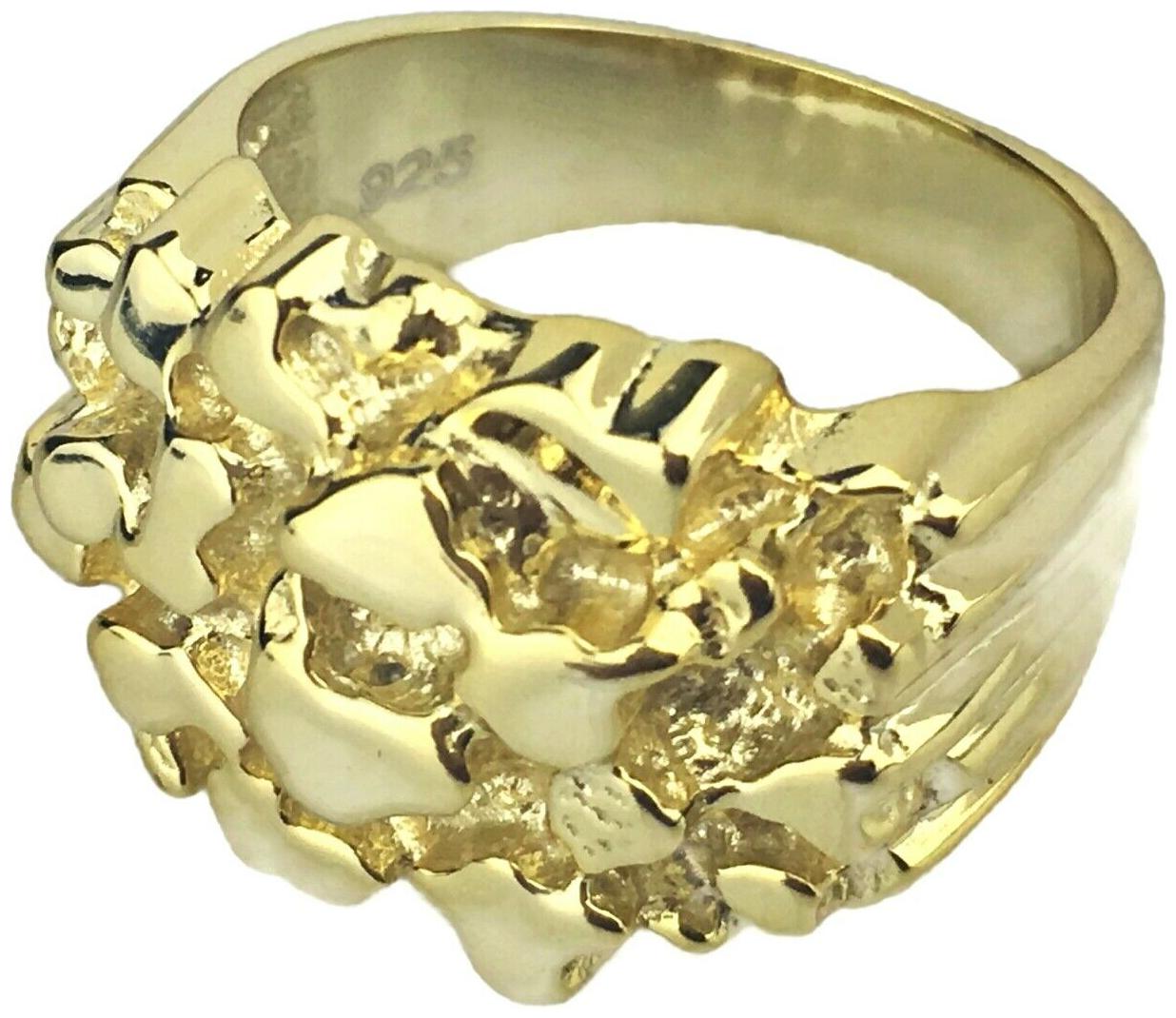 

Heavy Nugget Ring 14K Gold Plated Over 925 Solid Sterling Silver Men s Size 7-13