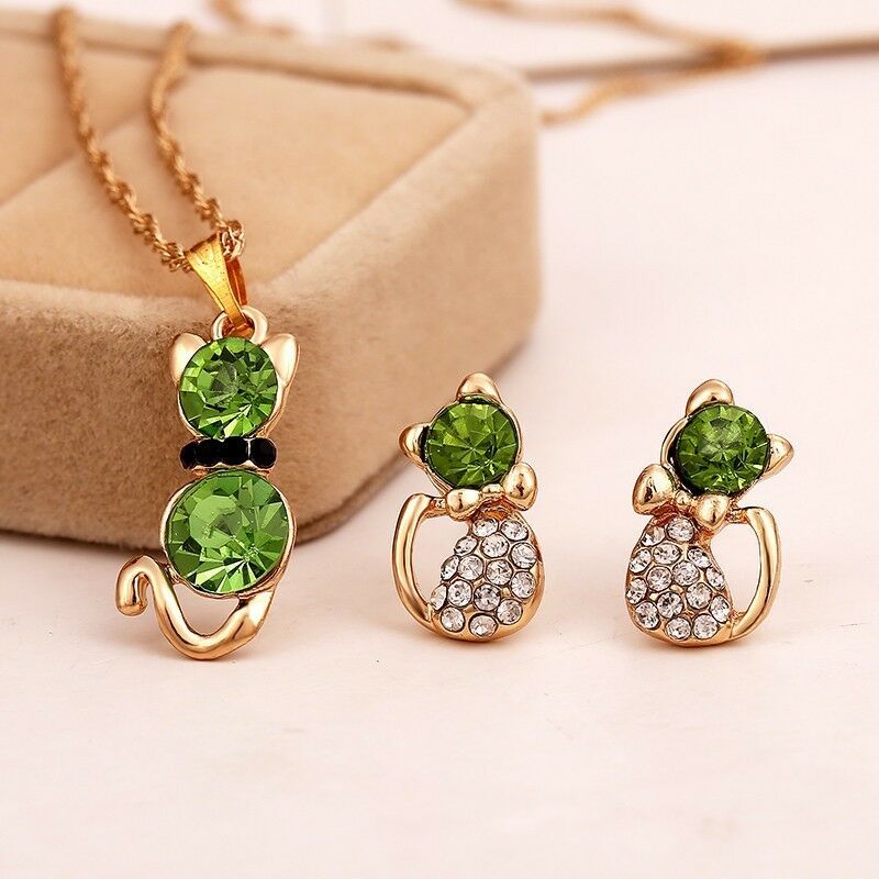 

Hello Kitty Cat Crystal Girls Women Necklace Pendant Earrings Party Jewelry Set
