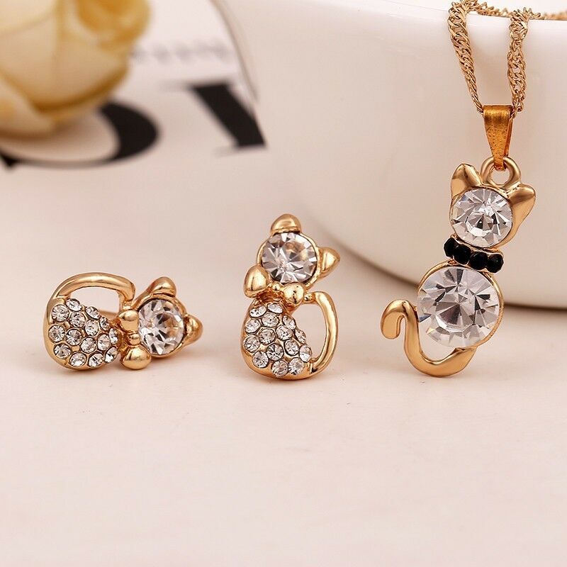 

Hello Kitty Cat Crystal Girls Women Necklace Pendant Earrings Party Jewelry Set