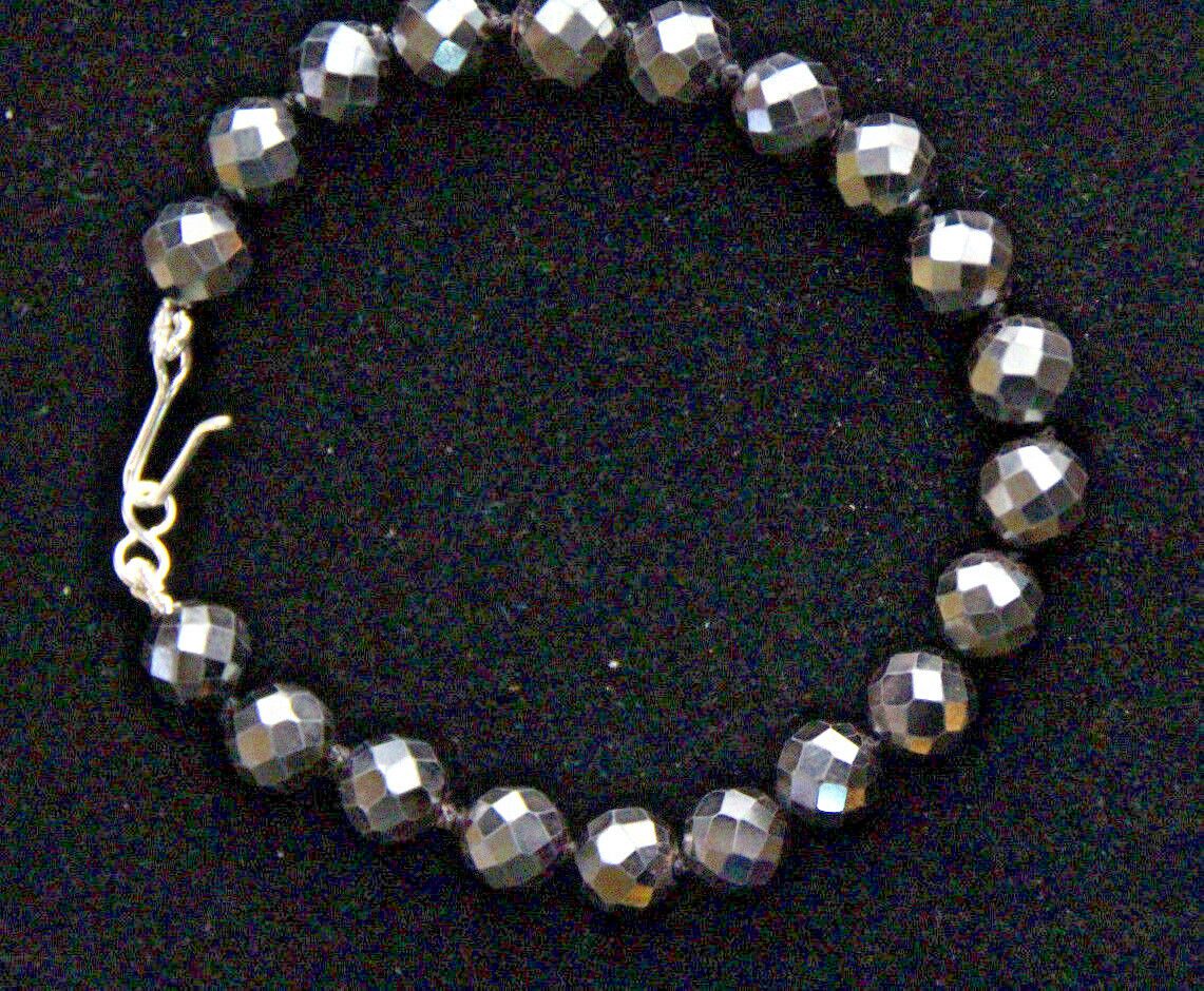 

Hematite Black 8mm Faceted Ball Gemstone Bracelet Silk Knotted Hand Tied 7 5