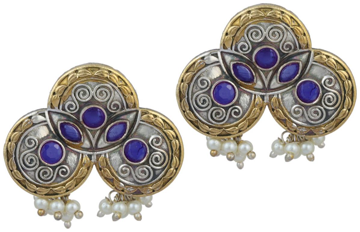 

Hena Designs Silver Plated Oxidized Handcrafted With Blue Stone And Pearls
