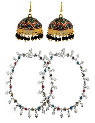 

High Trendz Combo Of Traditional Meenakari Jhumki With Ethinic Payal Anklet For Women Girls