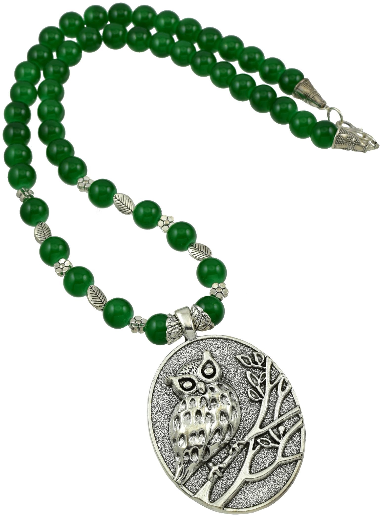 

High Trendz Hand Crafted Oxidised German Silver Owl Pendant Necklace with Glass Beads For Women and Girls