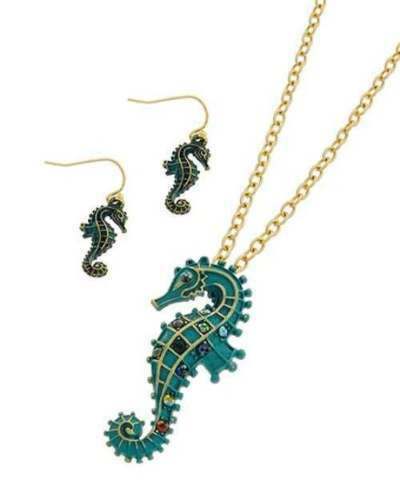 

Hope Coastal Green Verdigris SEAHORSE Sea Life Earrings Necklace Set NWT New