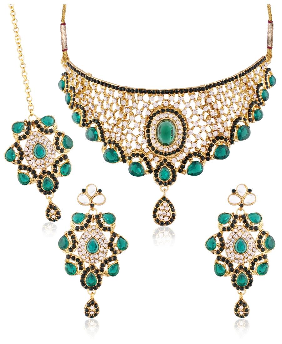 

I Jewels Gold Plated Traditional Choker Necklace Set With Earrings Maang Tikka For Women Ms125g