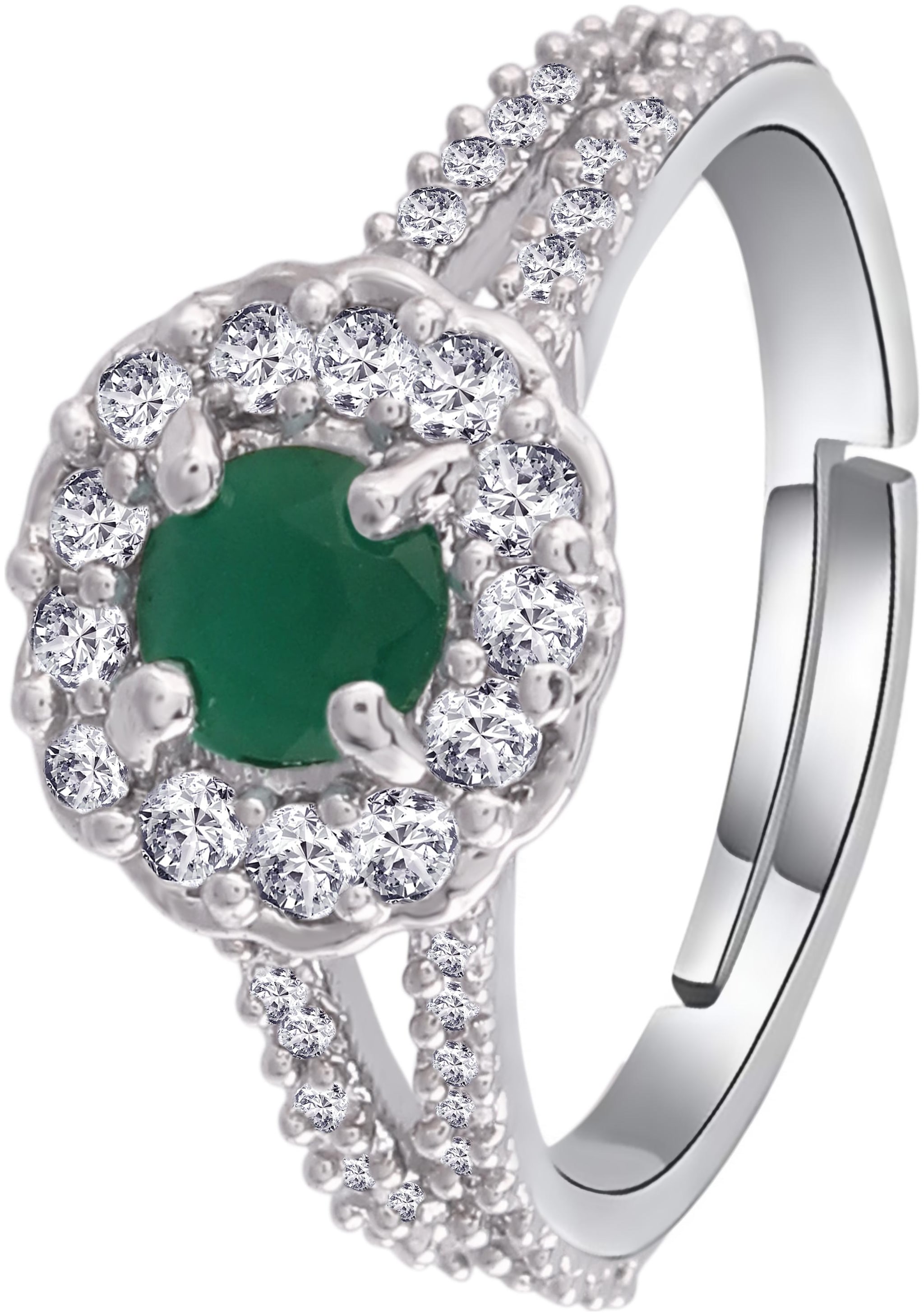 

Etnico Silver Plated Elegant Emerald Stone Studded CZ American Diamond Adjustable Ring For Women (FL175G)