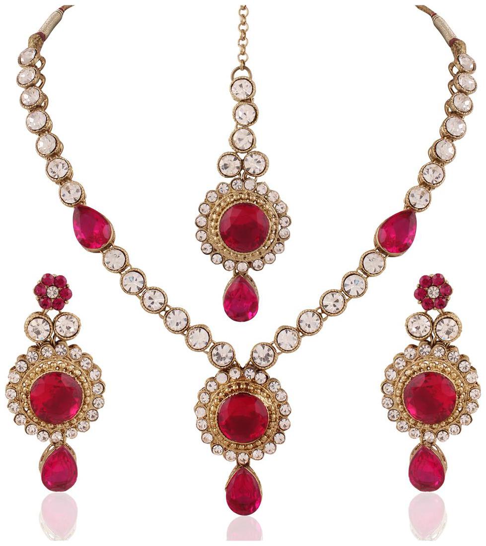 

I Jewels Traditional Gold Plated Elegantly Handcrafted Jewellery Set with Maang Tikka using Austrian Diamonds for Women IJ272Q (Rani Dark Pink)