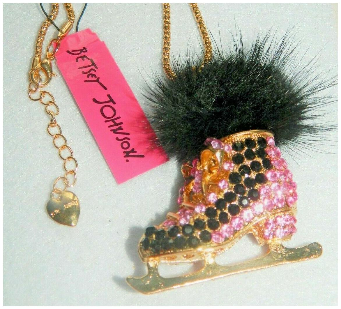 

Ice Skates Betsey Johnson pendant pink black crystals black fur accent 28