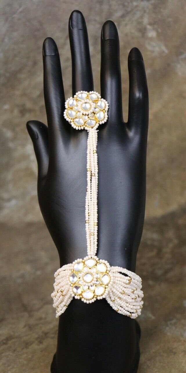 

Indian Pakistani Ethnic Bollywood Antique Haath Phool Panja Kundan Ring Bracelet