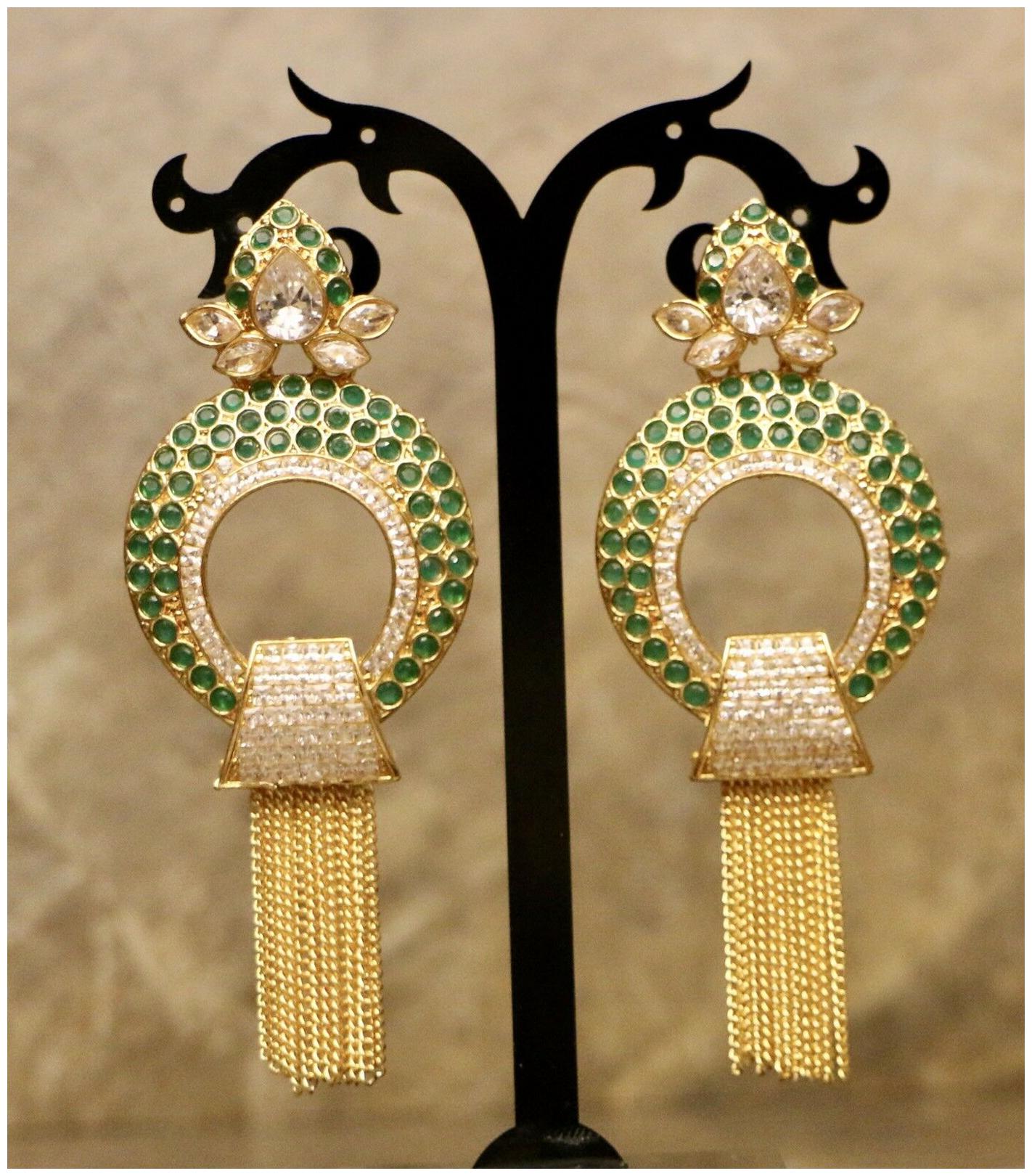

Indian Pakistani Bollywood White Green Color Stone Pearl Latkan Jhumki Earring