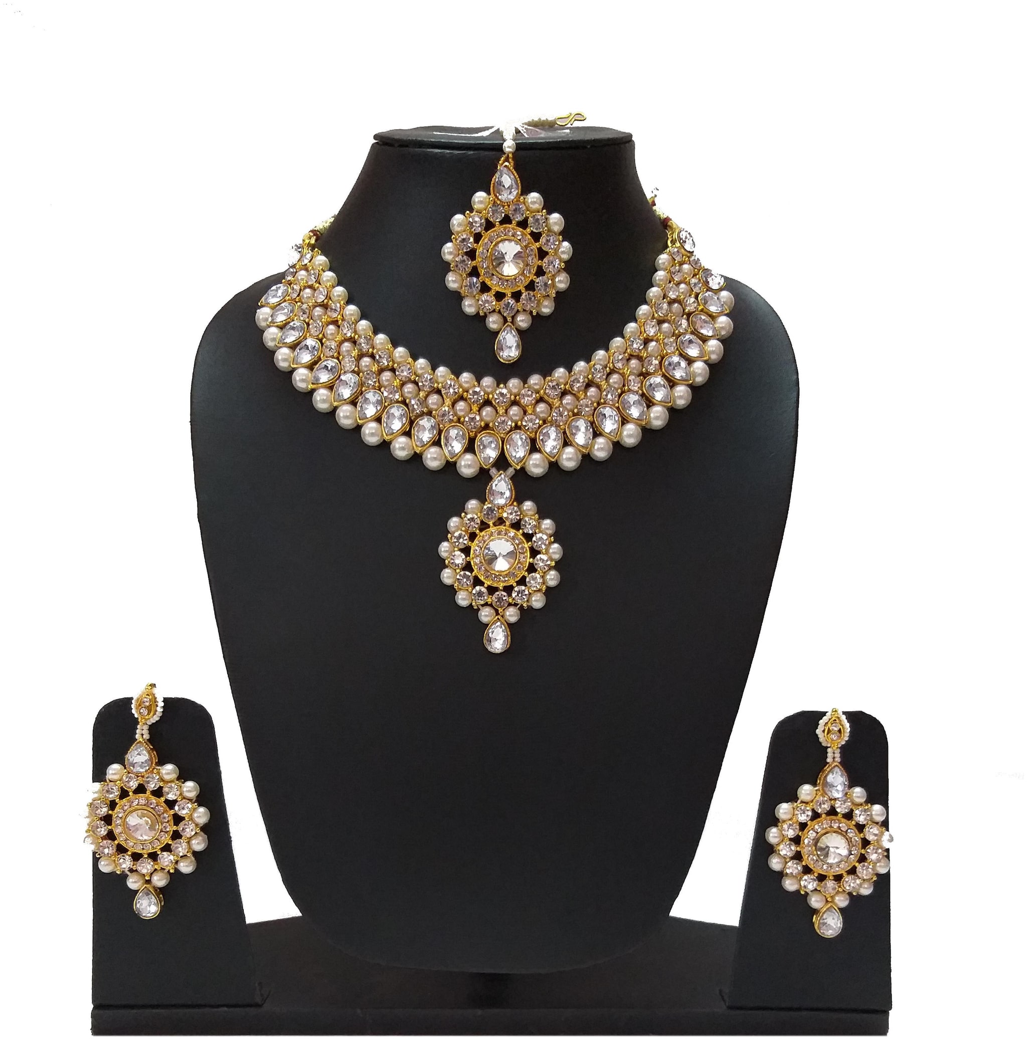 

Infinite Creations Party Wear Kundan Pearl Necklace With Earrings Maang Tika
