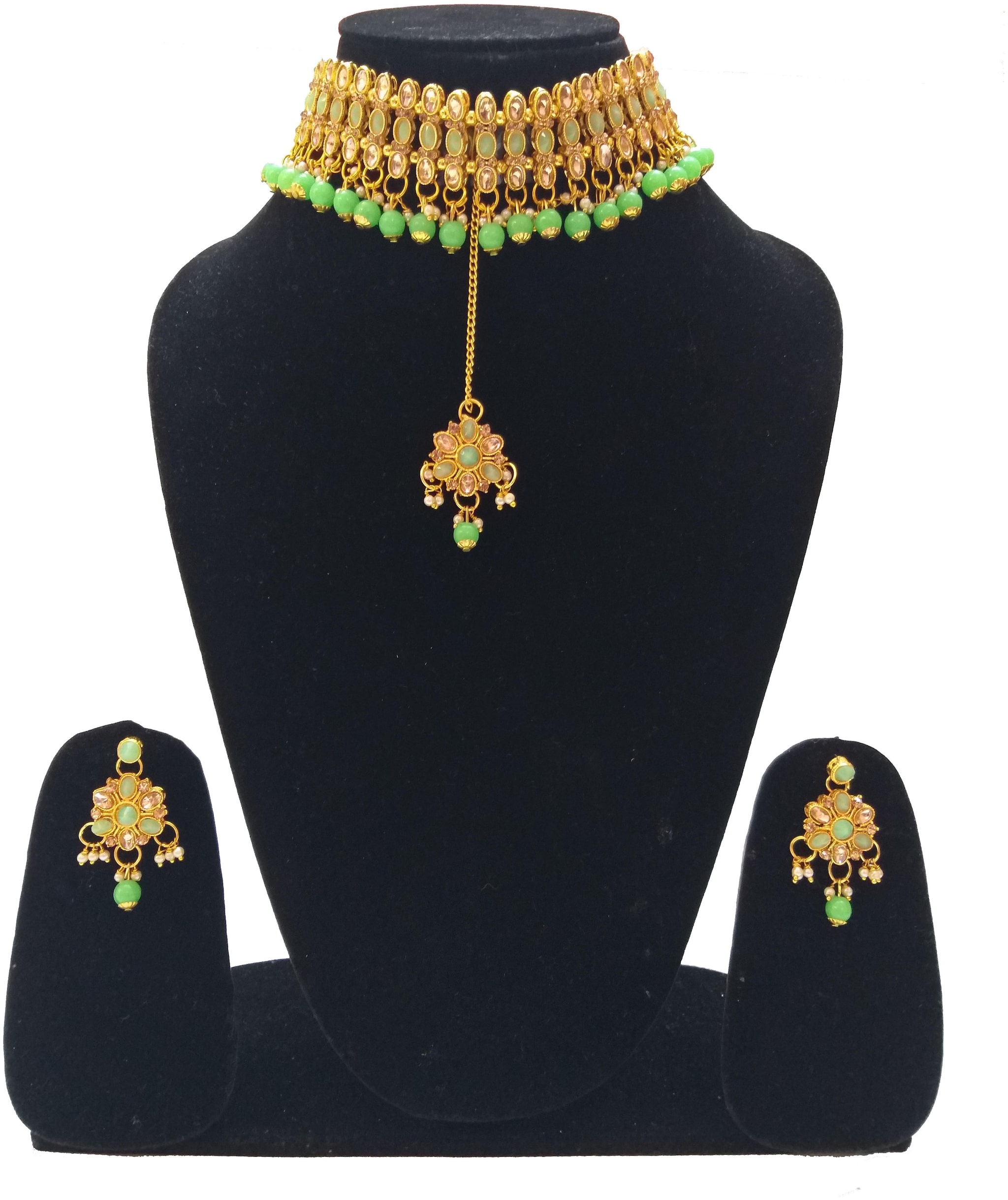 

Infinite Creations Party Wear Pearl Kundan Choker With Long Earrings Maang Tika