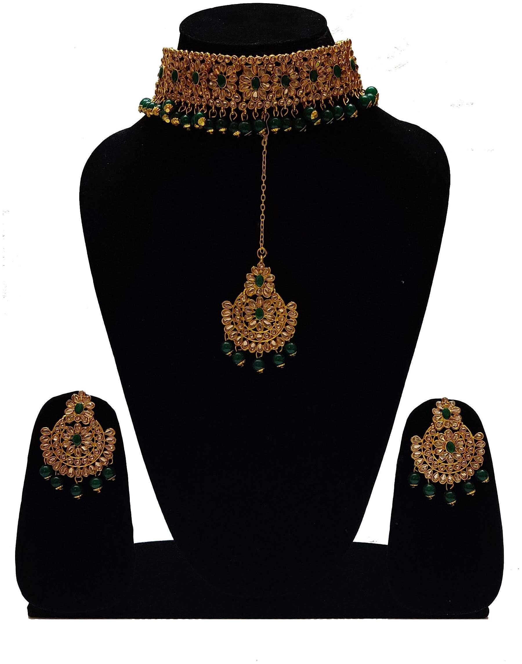 

Infinite Creations Designer Party Wear Pearl Kundan Beautiful Choker Necklace With Long Earrings Maang Tika