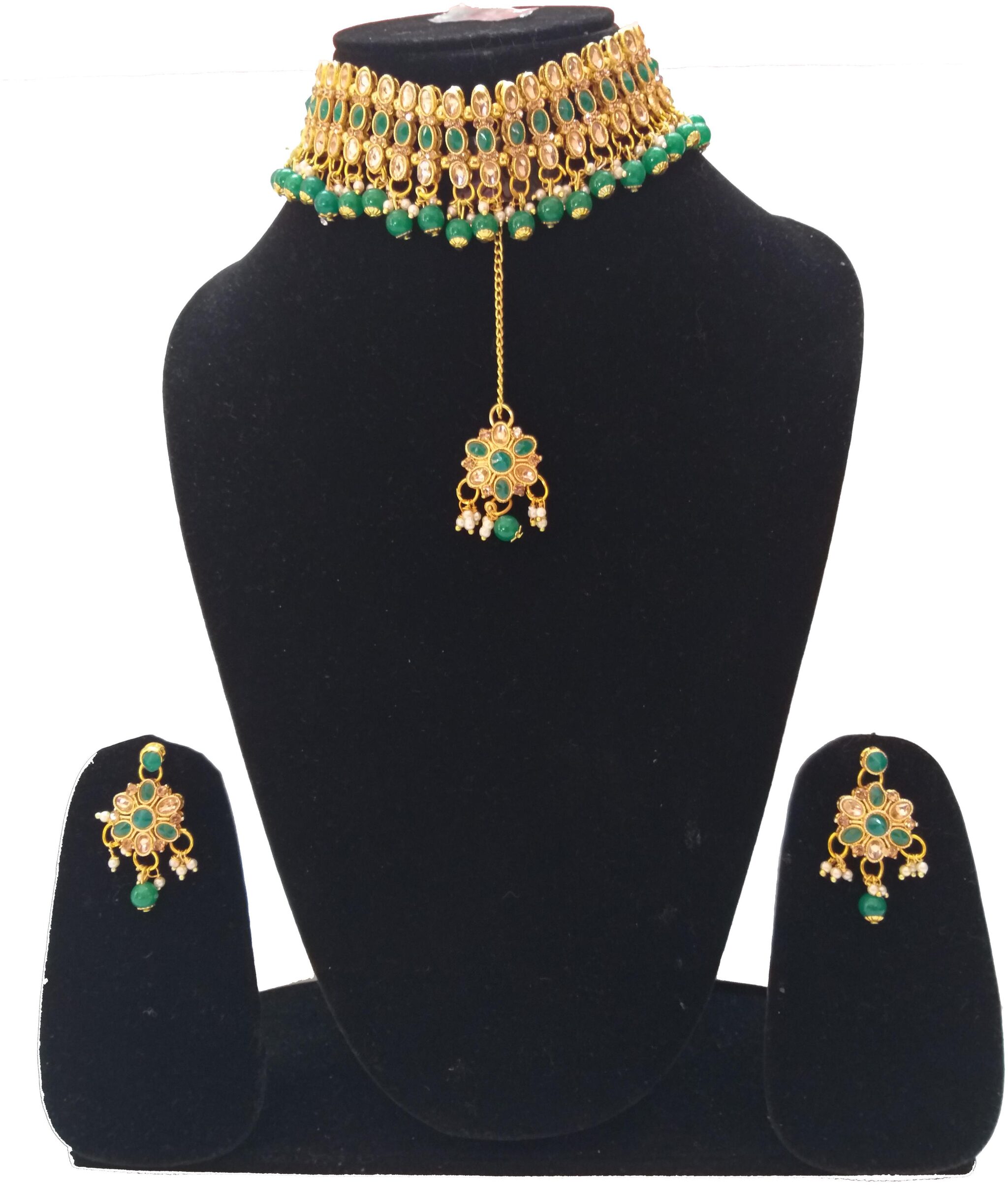 

Infinite Creations Party Wear Pearl Kundan Choker With Long Earrings Maang Tika