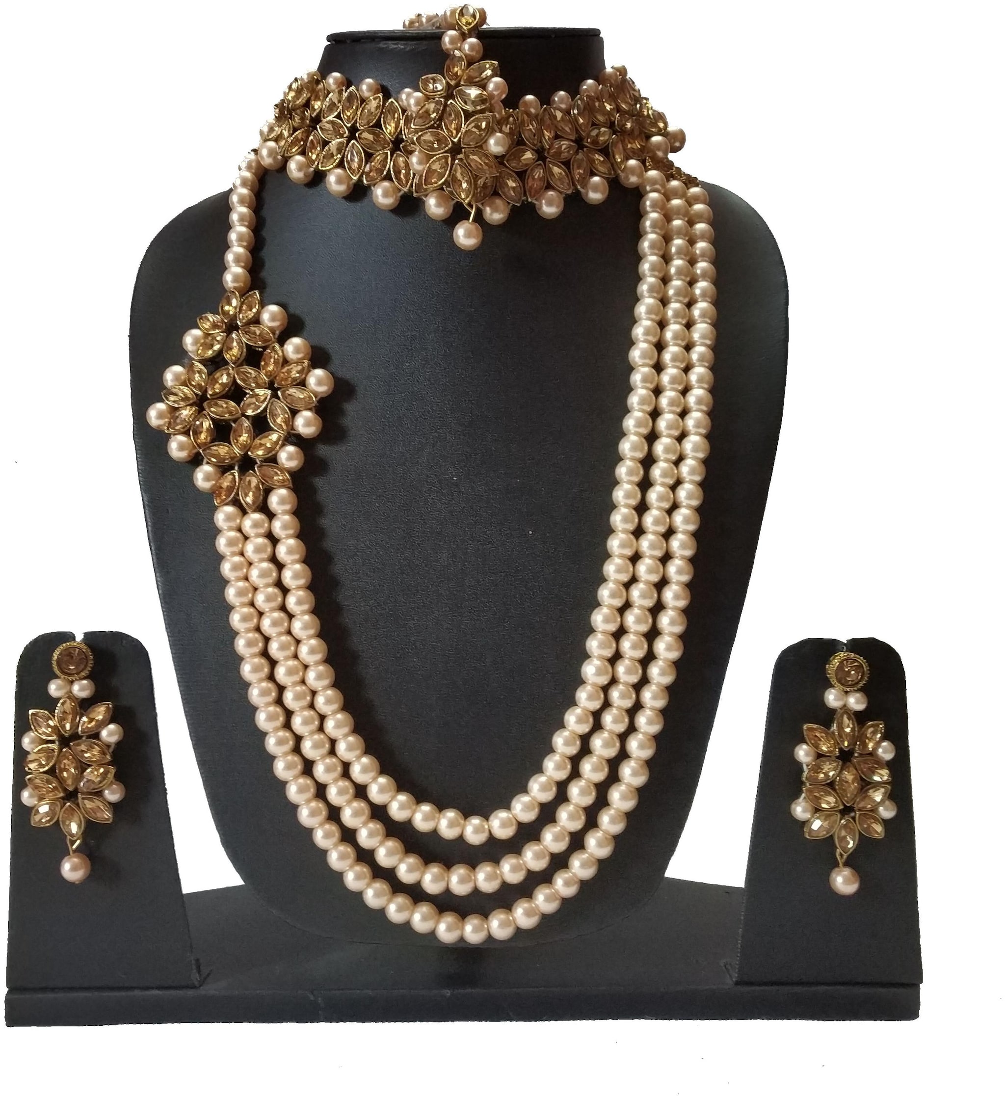 

Infinite Creations Party Wear Kundan Pearl Long Necklace With Choker Earrings With Maang Tika