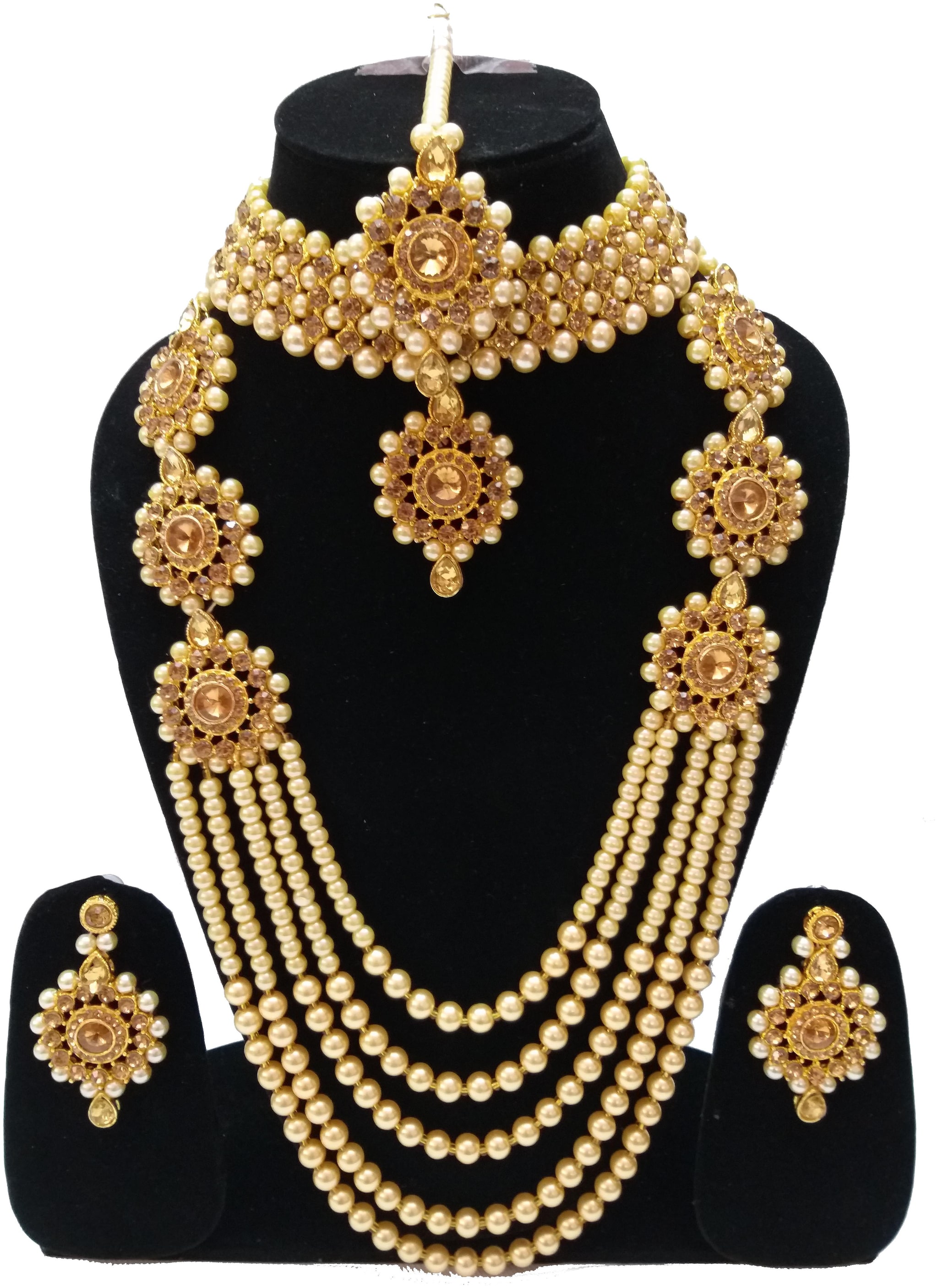 

Infinite Creations Party Wear Kundan Pearl Long Necklace With Choker Earrings With Maang Tika