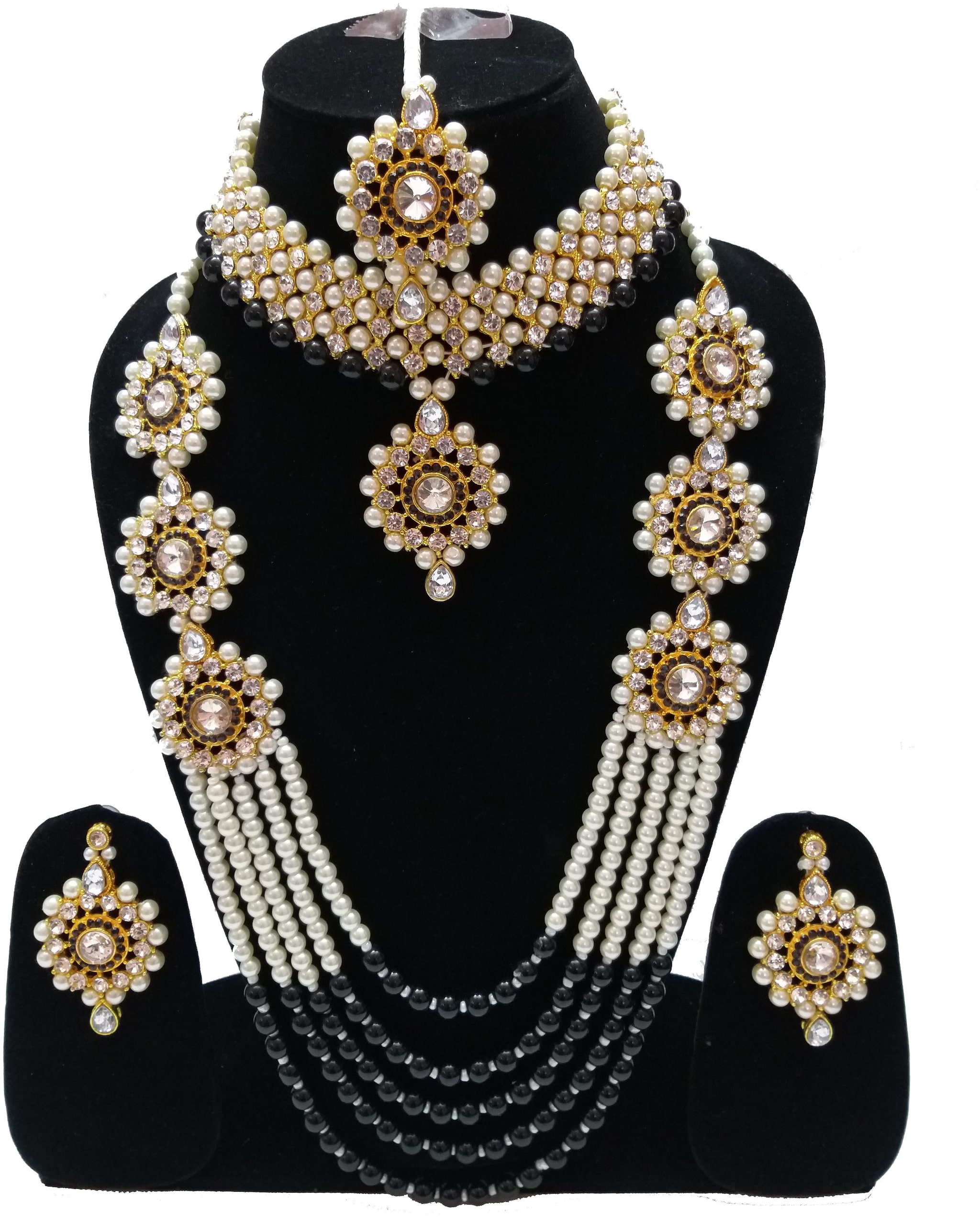 

Infinite Creations Party Wear Kundan Pearl Long Necklace With Choker Earrings With Maang Tika