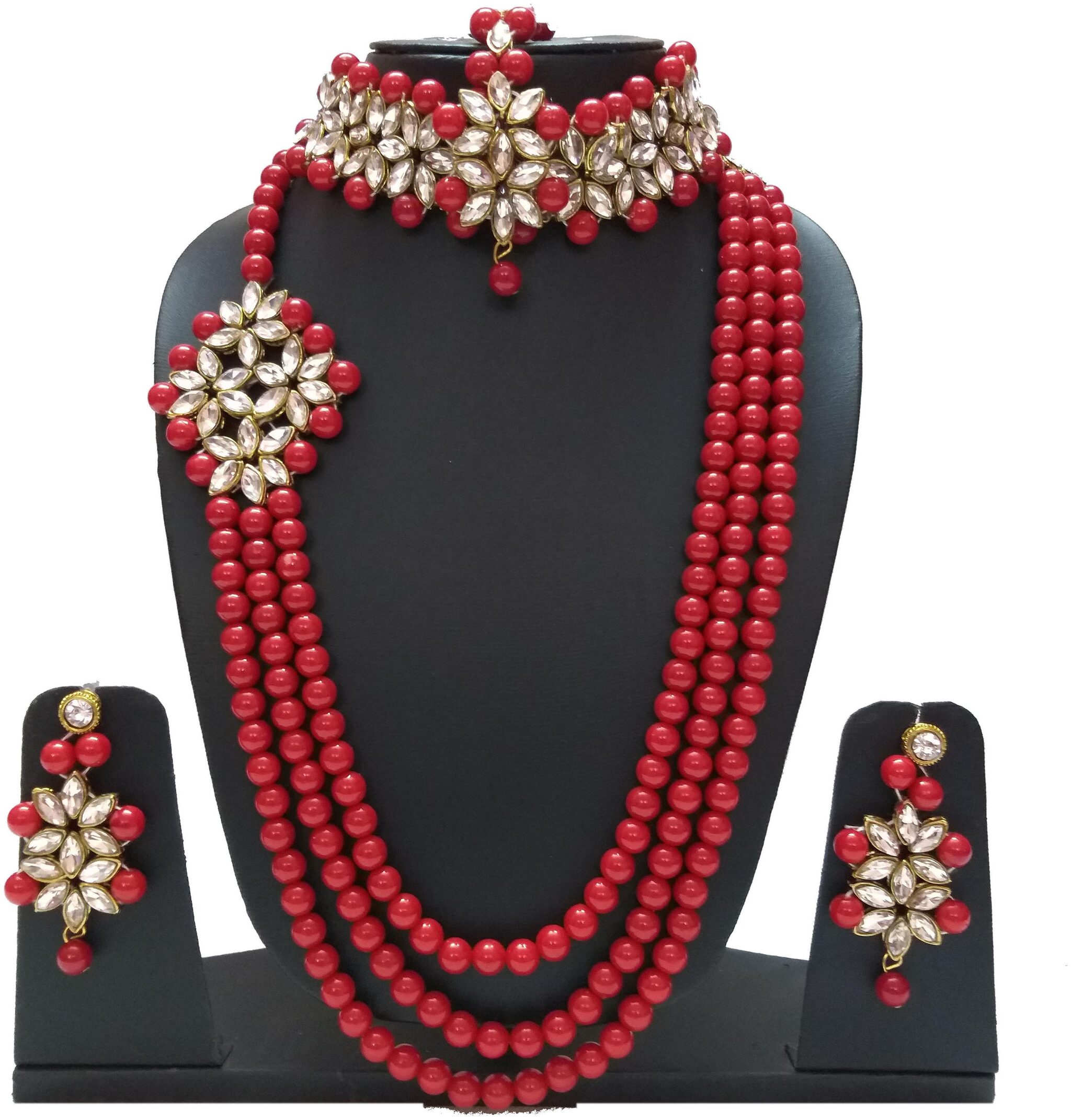 

Infinite Creations Party Wear Kundan Pearl Long Necklace With Choker Earrings With Maang Tika