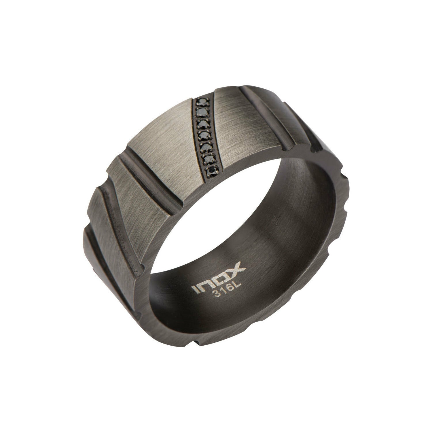 

INOX GUN METAL CUBIC ZIRCONIA GROOVE LINE STAINLESS STEEL RING SIZE 13 FR12655