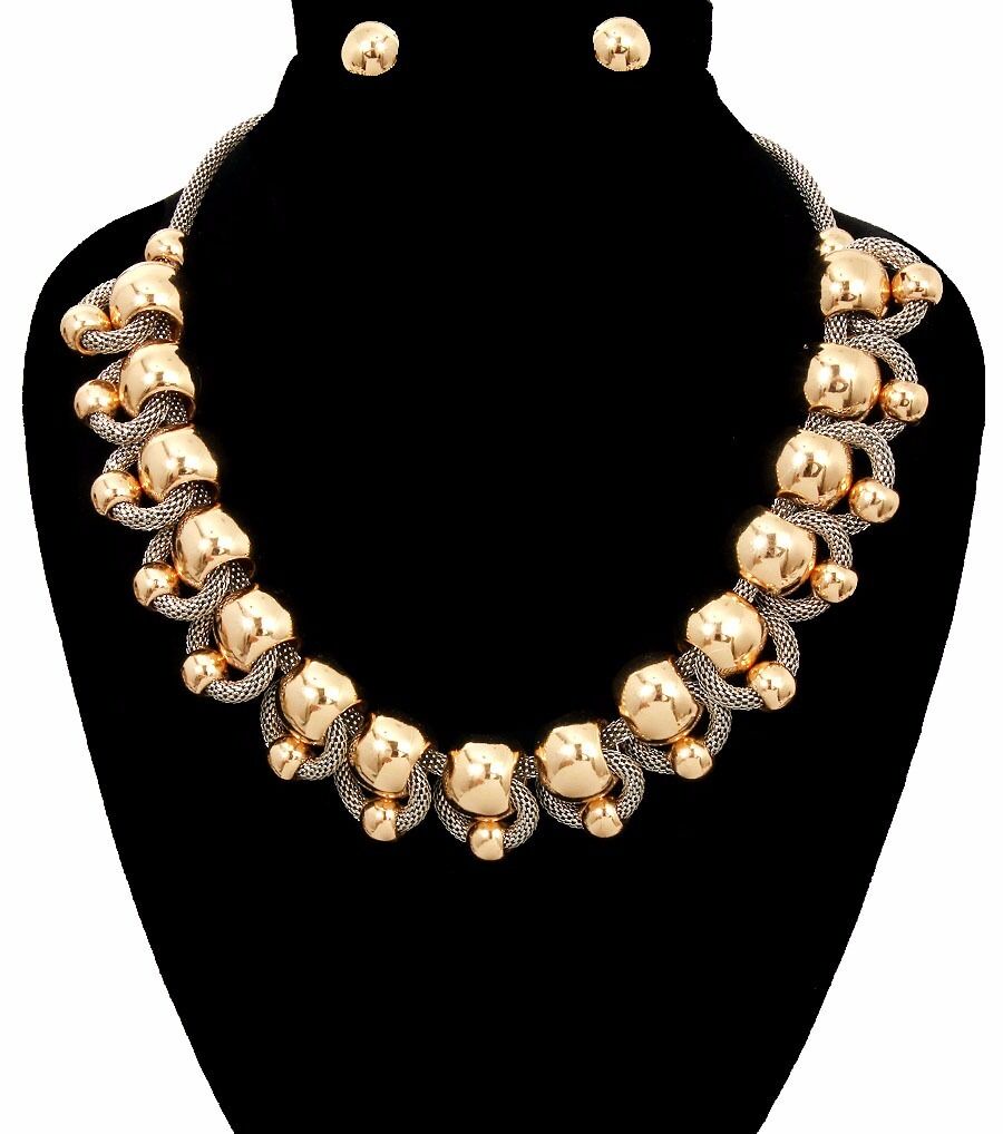 

Intertwine Gold Metal Beads Mesh Silver Chain Necklace Set Fashion Jewelry