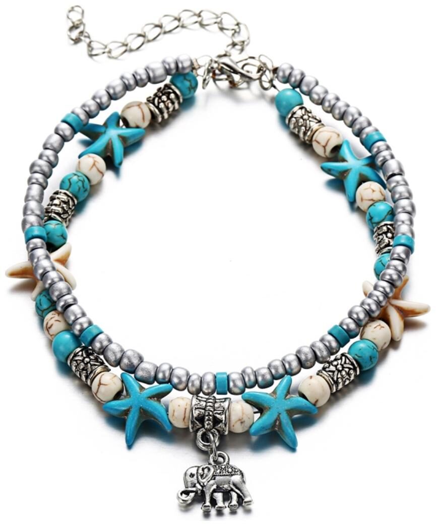 

(J213) Fashion for sure Double - Chain Conch Starfish mizhu Yoga Beach Elephant Pendant Foot Chain and Hand Bracelet