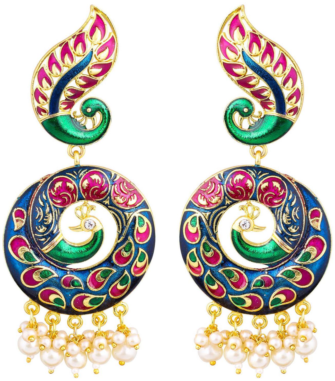 

Jaipur Enamel Meenakari Work Gold Plated Stylish Peacock Dangle Earrings for Women Girls